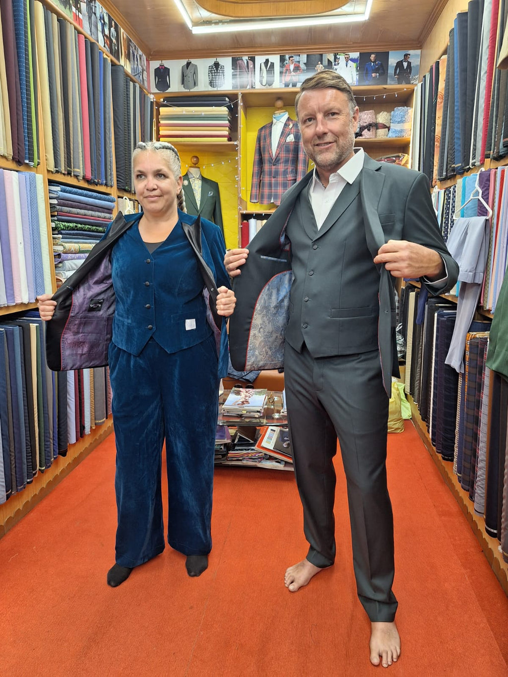 Custom made work suit for lady with extra spandex with cotton blend